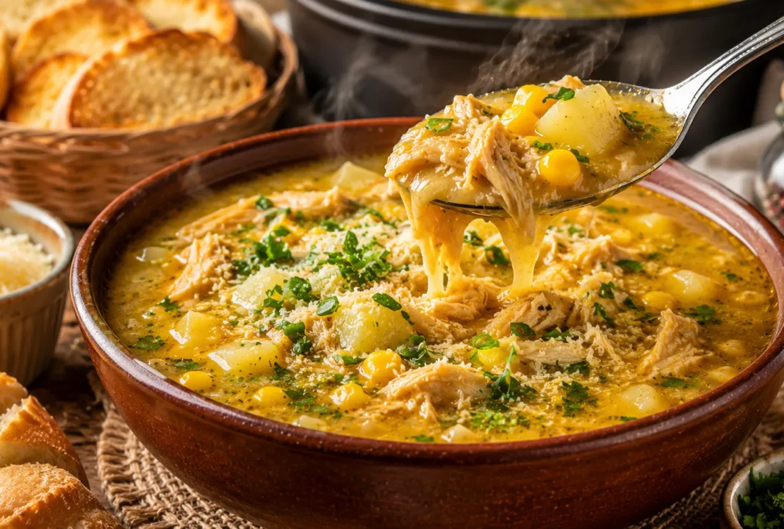 caldo de kenga simples sem mandioquinha cremoso com frango desfiado, milho, batatas e cheiro-verde servido em tigela de cerâmica