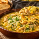 caldo de kenga simples sem mandioquinha cremoso com frango desfiado, milho, batatas e cheiro-verde servido em tigela de cerâmica