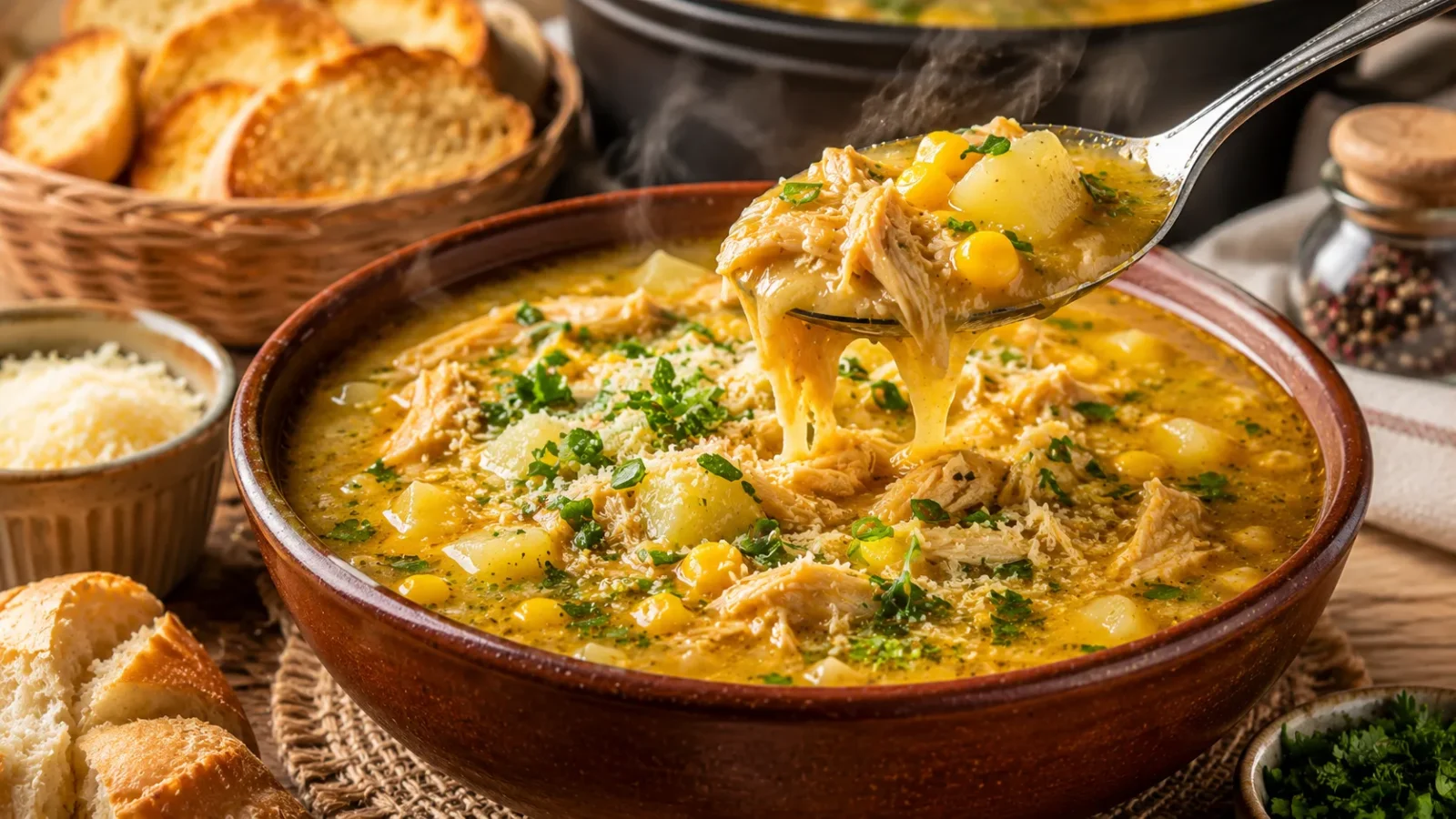 caldo de kenga simples sem mandioquinha cremoso com frango desfiado, milho, batatas e cheiro-verde servido em tigela de cerâmica