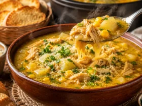 caldo de kenga simples sem mandioquinha cremoso com frango desfiado, milho, batatas e cheiro-verde servido em tigela de cerâmica