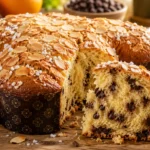 Colomba Pascal de liquidificador fofinha com cobertura crocante de amêndoas e açúcar sobre mesa de madeira