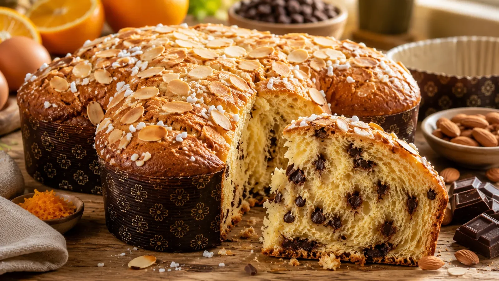 Colomba Pascal de liquidificador fofinha com cobertura crocante de amêndoas e açúcar sobre mesa de madeira