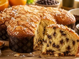 Colomba Pascal de liquidificador fofinha com cobertura crocante de amêndoas e açúcar sobre mesa de madeira