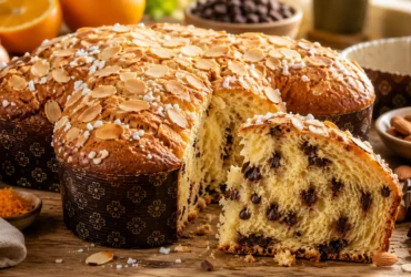 Colomba Pascal de liquidificador fofinha com cobertura crocante de amêndoas e açúcar sobre mesa de madeira