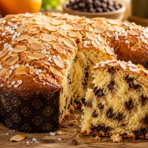 Colomba Pascal de liquidificador fofinha com cobertura crocante de amêndoas e açúcar sobre mesa de madeira